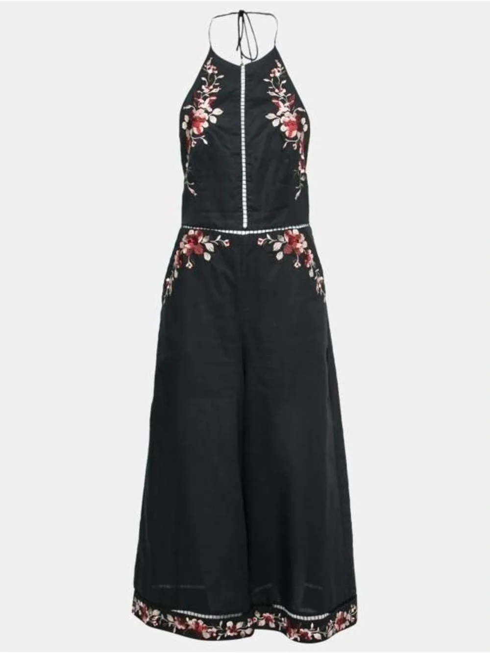 Zimmermann Black Linen & Cotton Floral Embroidered Halter Tie Romper Jumpsuit